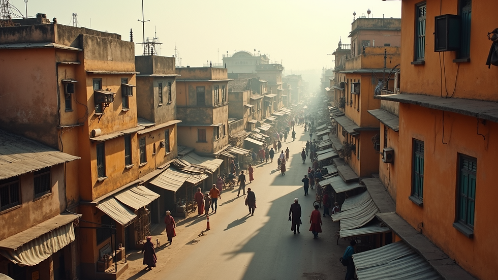 High angle view of a bustling Jaipur street with various buildings