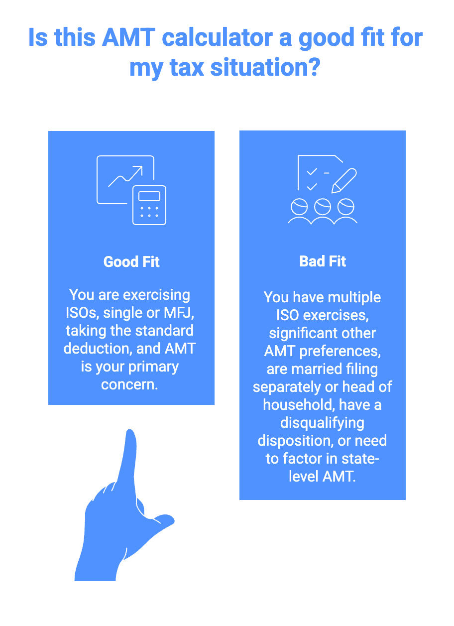 AMT calculator suitability guide with "Good Fit" and "Bad Fit" criteria, blue background, icons, and a pointing hand illustration.
