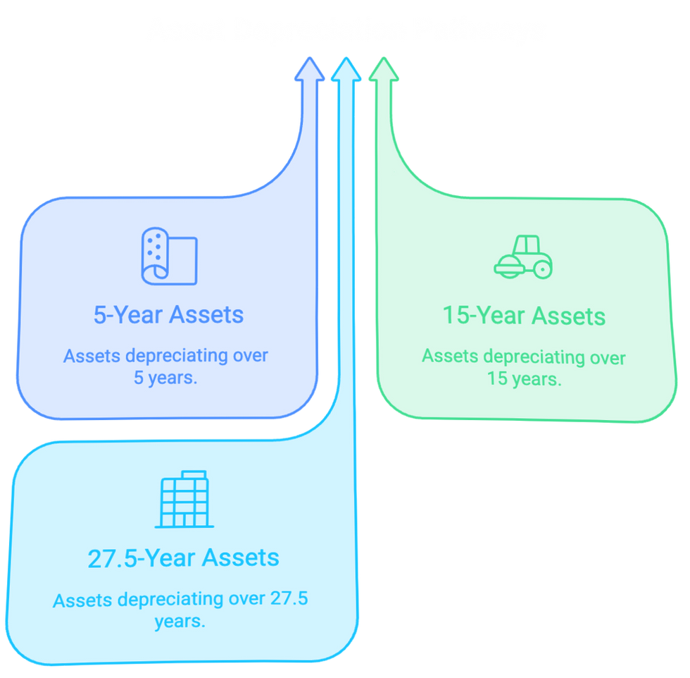 Infographic: Asset Depreciation Pathways. 5, 15, 27.5 year asset classifications.