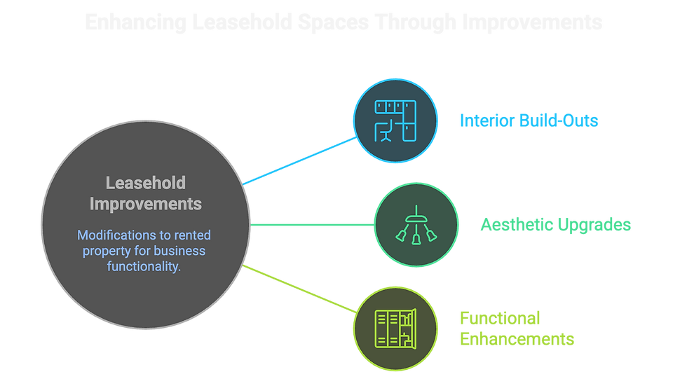 Leasehold improvements diagram with three bubbles: Interior Build-Outs, Aesthetic Upgrades, Functional Enhancements, on a black background.
