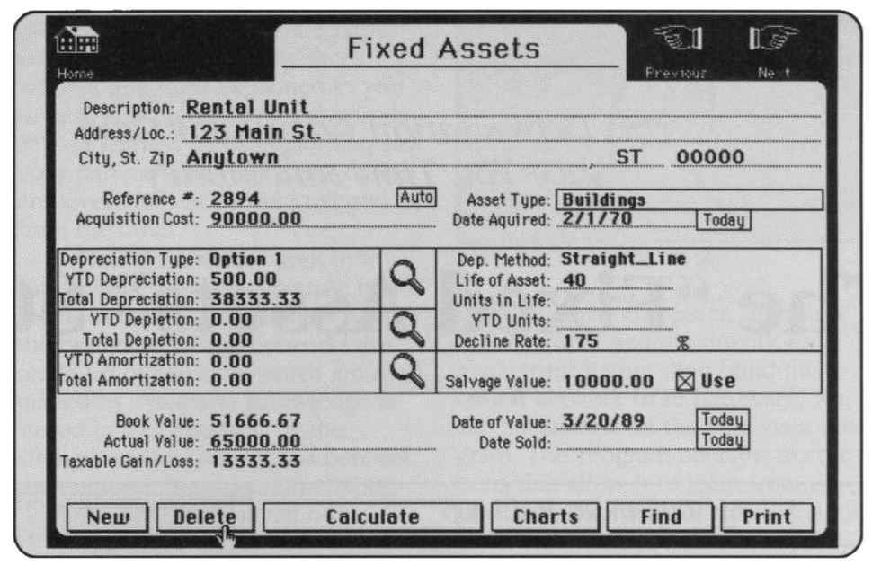 HyperCard grayscale software screen the Fixed Assets tab showing a rental unit record, depreciation figures, and buttons like New, Delete, Calculate, Print