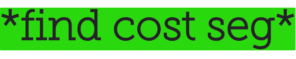 Bright green logo with black text: *find cost seg*. Asterisks highlight the text.