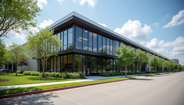 Eye-level view of a commercial building exterior with fresh landscaping and clear skies