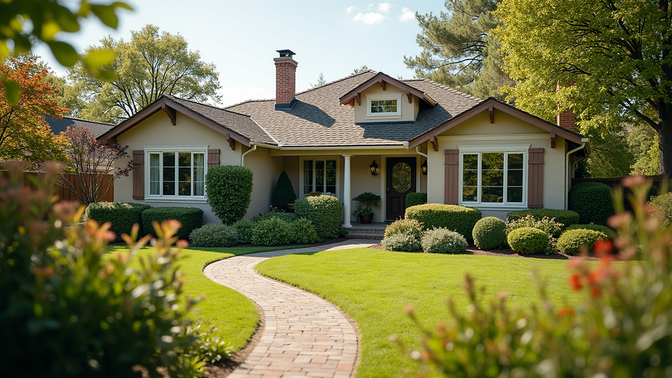 Wide angle view of a well-maintained home with vibrant landscaping