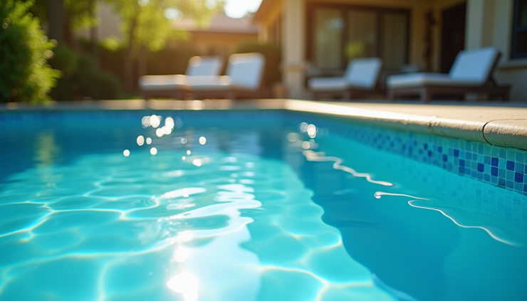 Eye-level view of a clean backyard pool with sparkling blue water under bright sunlight