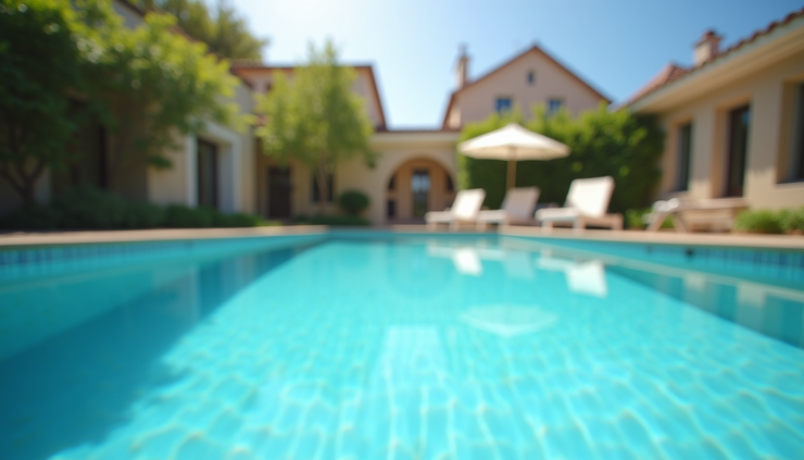 Eye-level view of a backyard swimming pool with clear blue water and spring sunlight