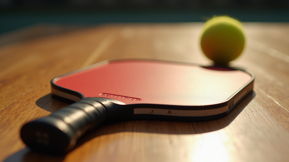 Close-up view of a USA-made pickleball paddle resting on a wooden surface