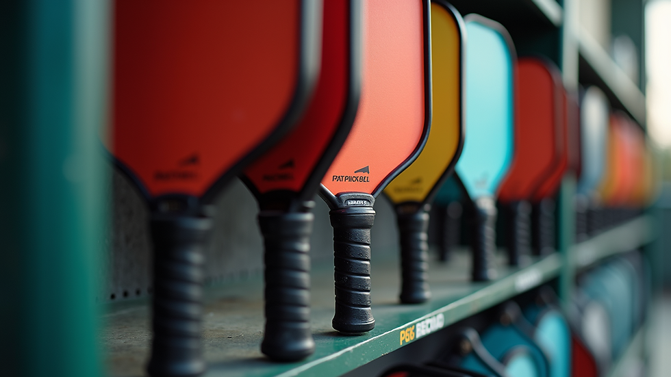 Eye-level view of a display rack featuring various USA-made pickleball paddles