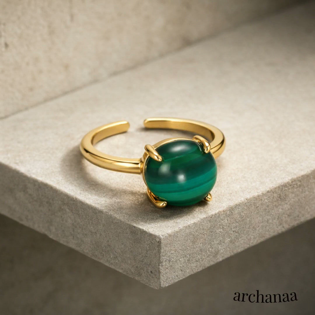 14K Gold Filled Solitaire Malachite Adjustable Ring