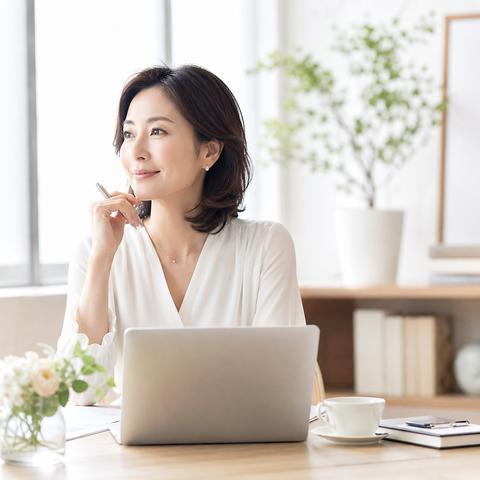 ノートパソコンの前で微笑む女性。手にペンを持ち、考え事をしている様子。明るい室内、背景に植物と本。リラックスした雰囲気。