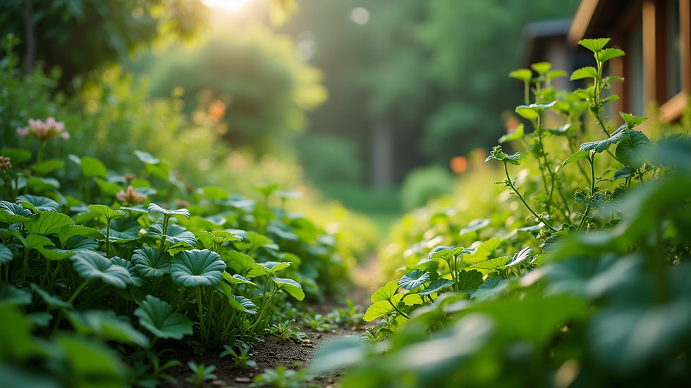Eye-level view of a lush green garden with diverse plants
