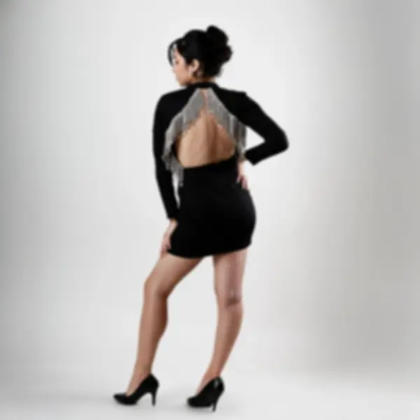 Black Bodycon Mini Dress with Silver Fringe Open Back