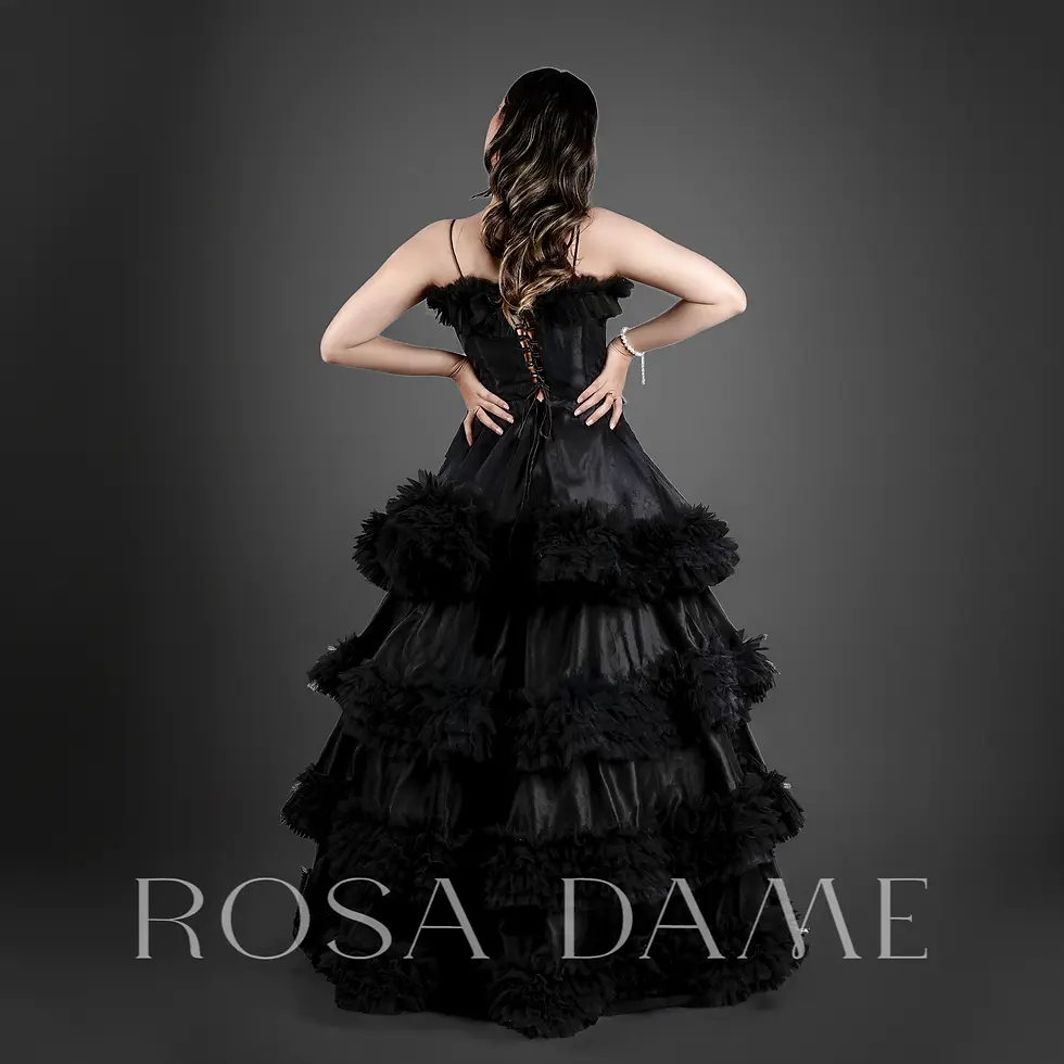 Thumbnail: Black layered tulle ball gown back view with corset lace-up detailing