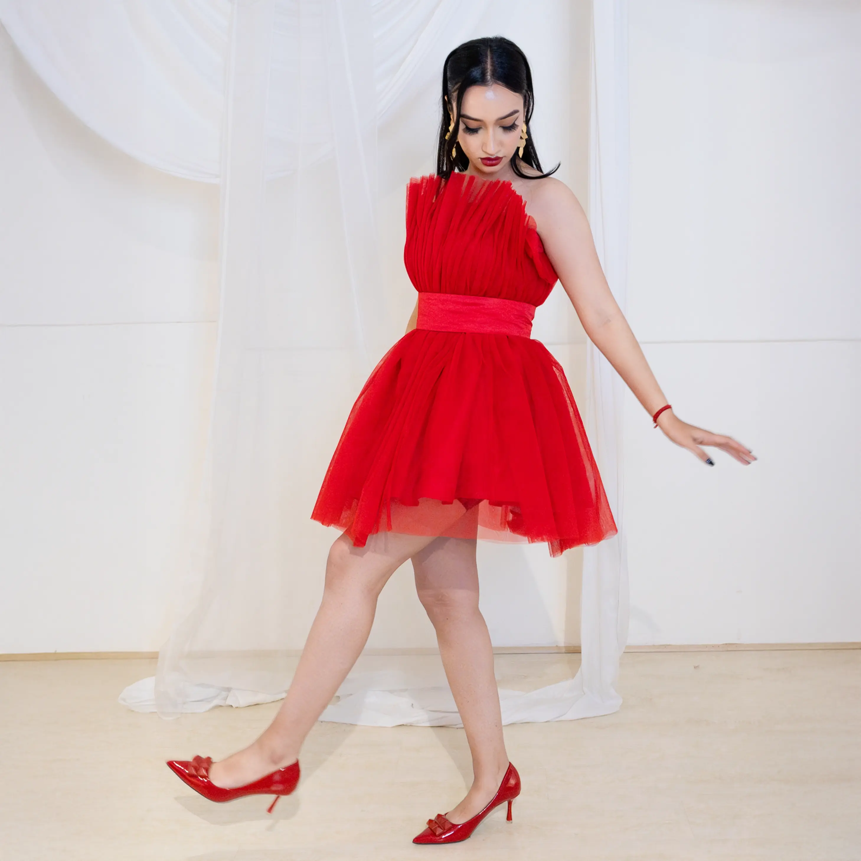 Red Tulle Strapless Mini Dress with Ruched Ruffle Bodice and Waistband