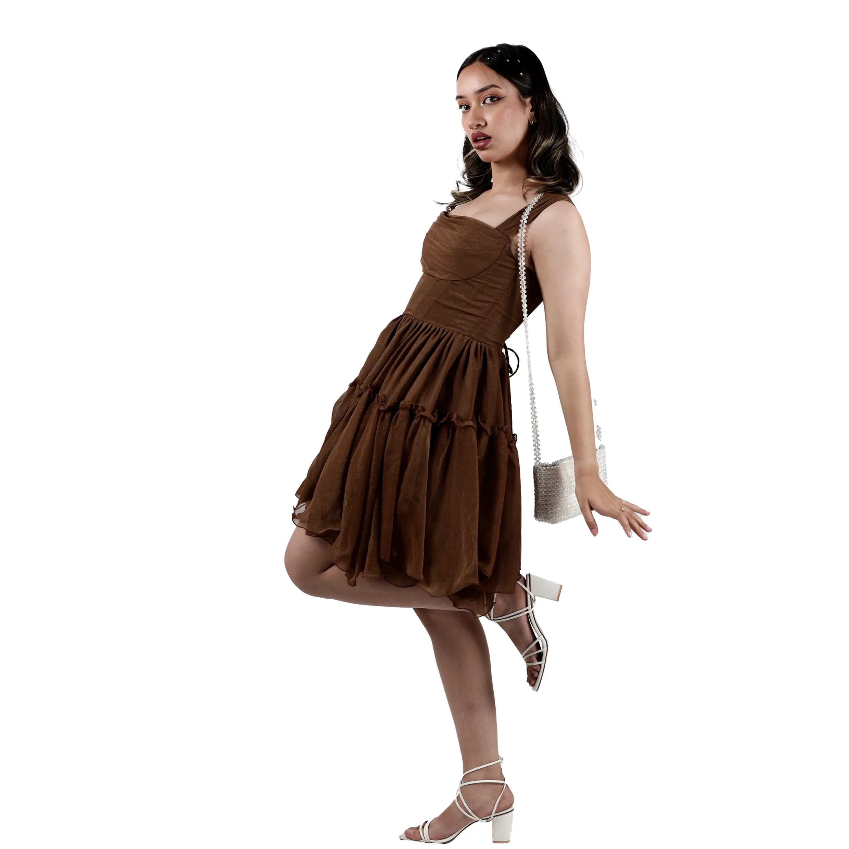 Chocolate Brown Layered Flared Midi Dress with Corset Back