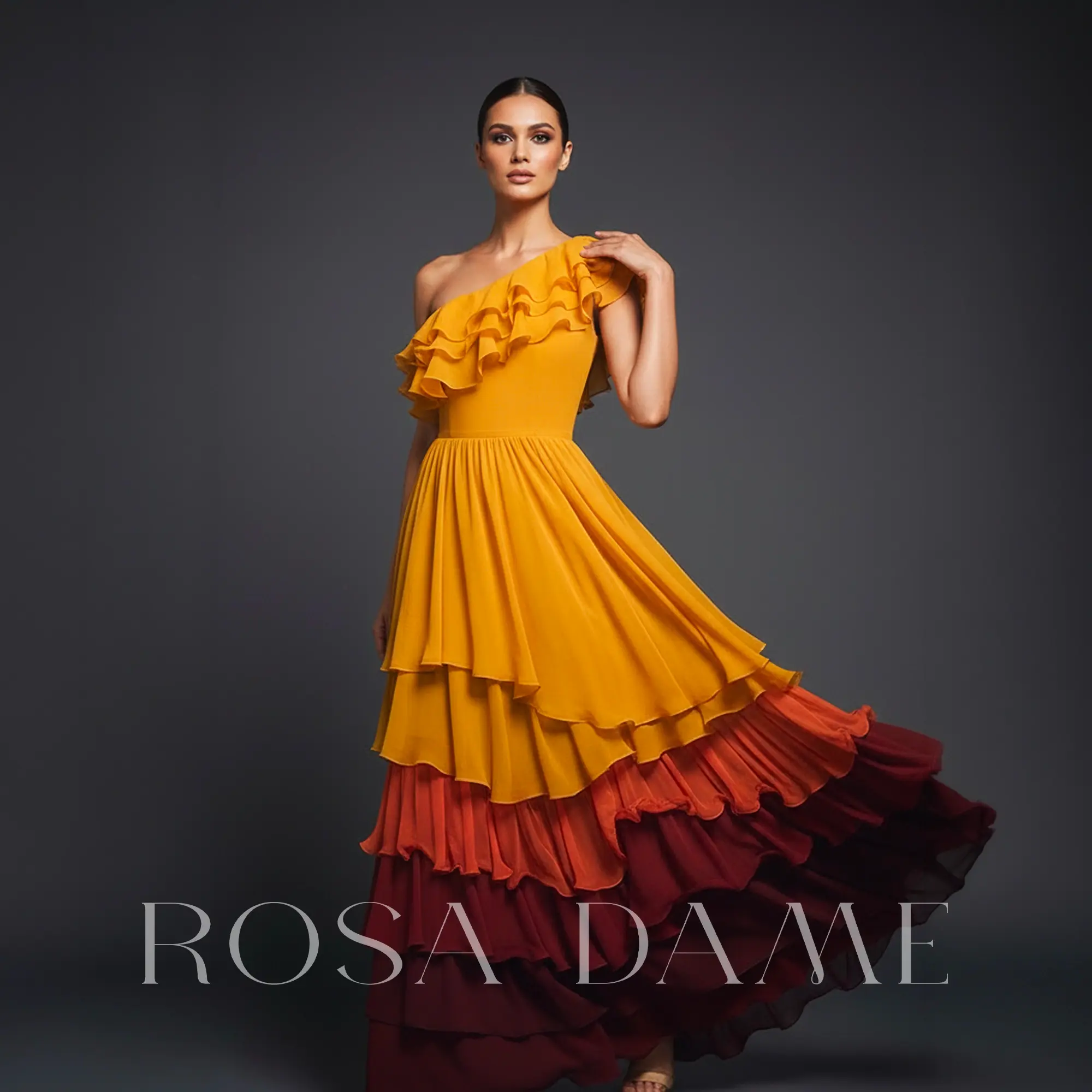 Ruffle Layered Gown – One Shoulder Korean Crepe Statement Dress