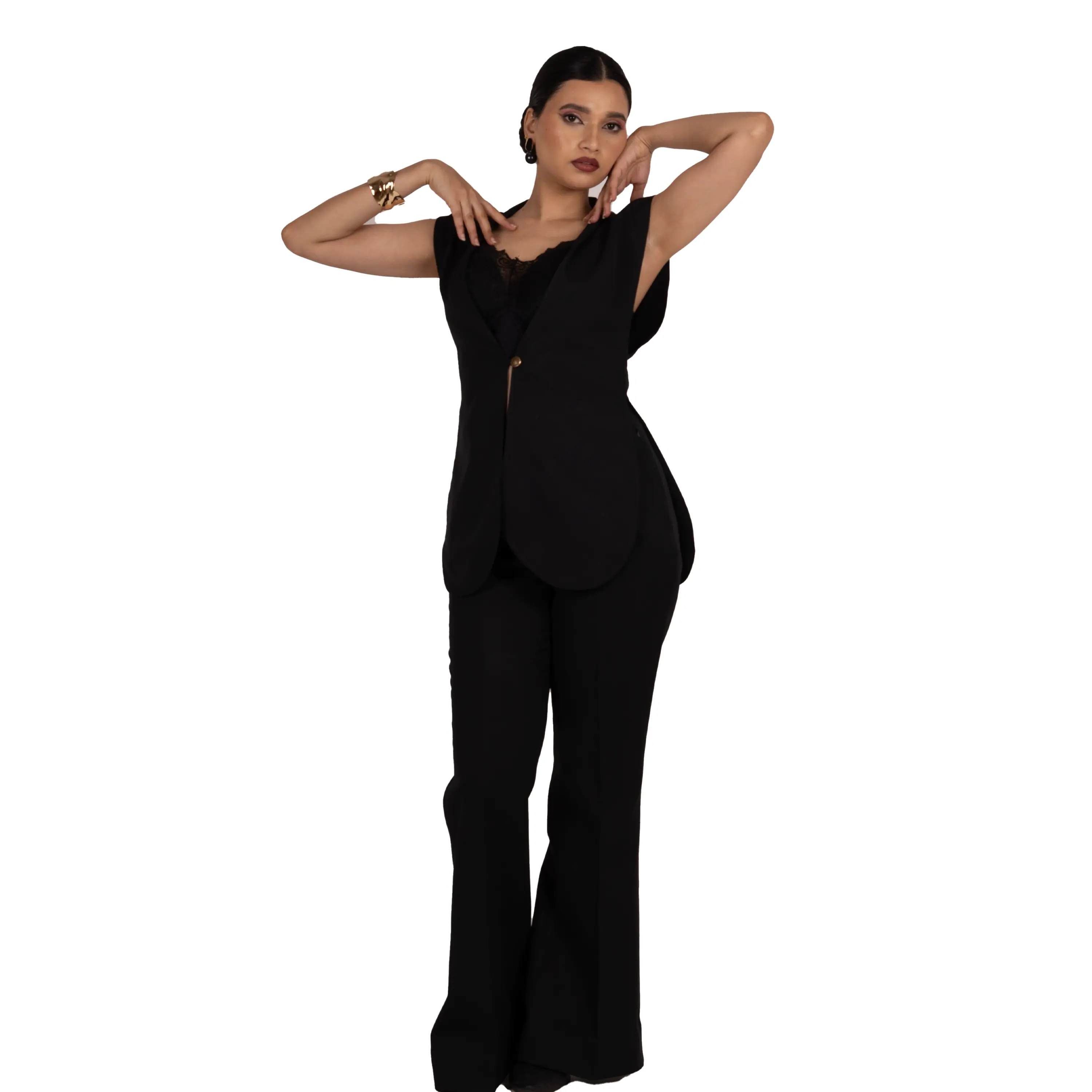 Black Sleeveless Blazer & Flared Pants Co-ord Set