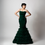 Thumbnail: Emerald Green Satin Mermaid Gown with Ostrich Feather Tiered Hem