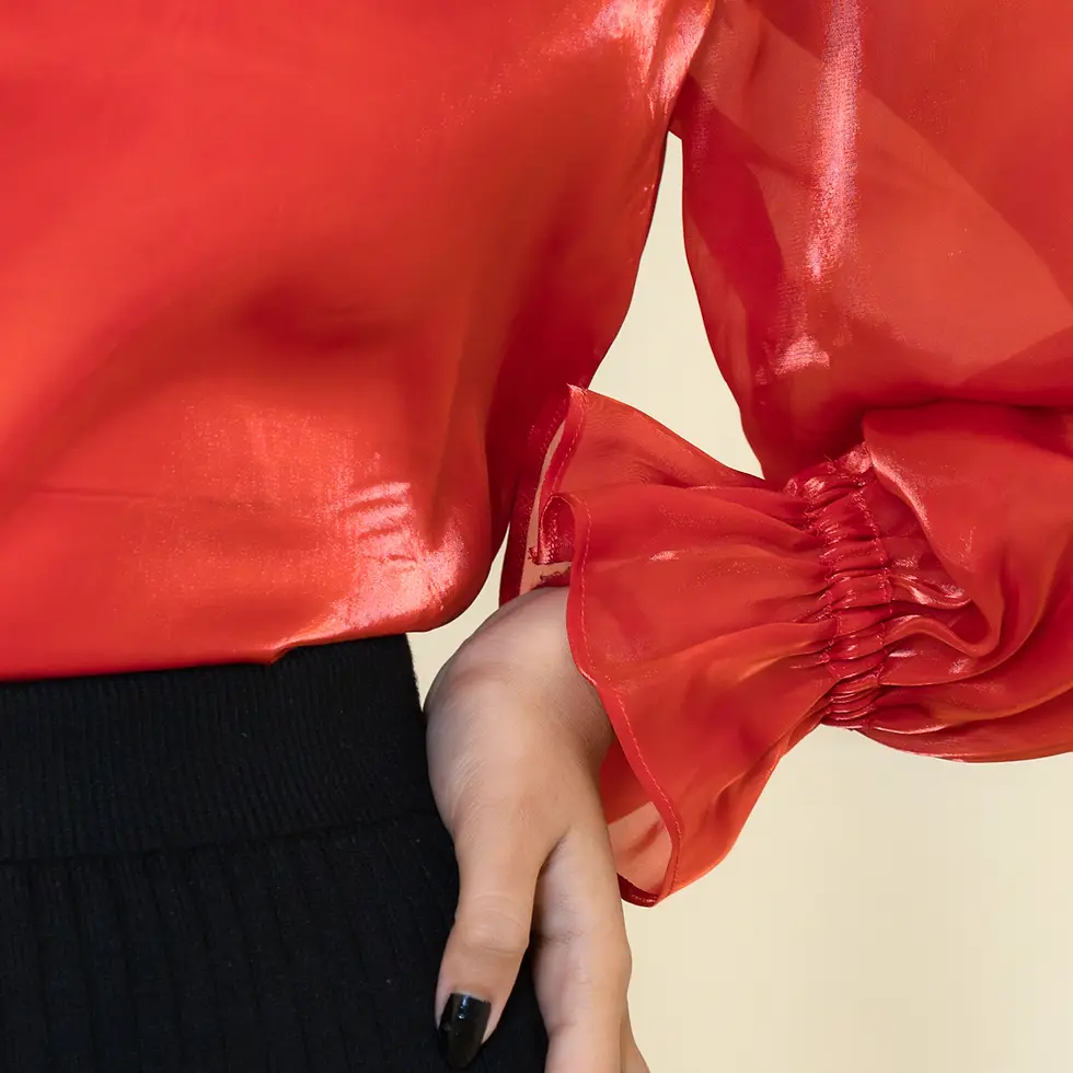 Thumbnail: Sheer Scarlet Organza Tie-Back Blouse with Statement Puff Sleeves