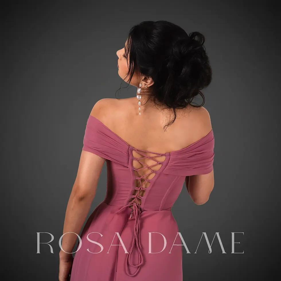 Thumbnail: Back view of rosewood pink off-shoulder georgette evening gown with lace-up corset detail