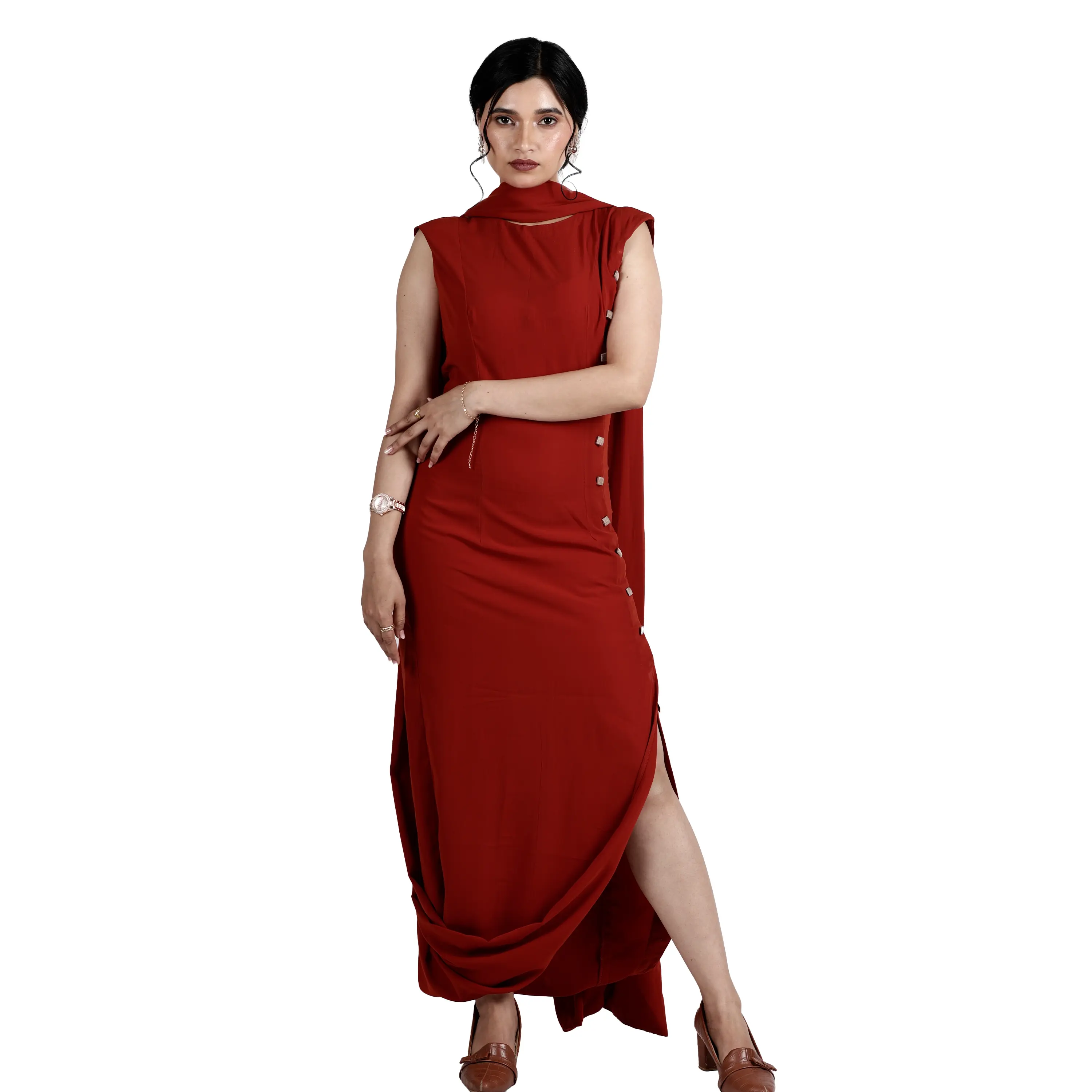 Crimson Red Drape Maxi Dress with Side Button Detailing and Cape Overlay