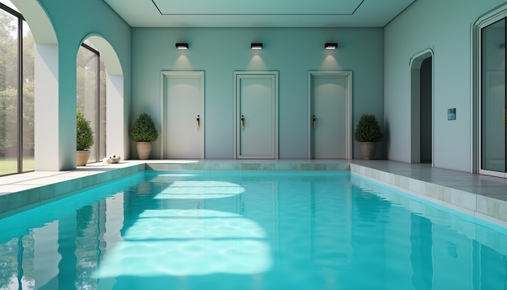 High angle view of above ground pool pump room with ventilation panels