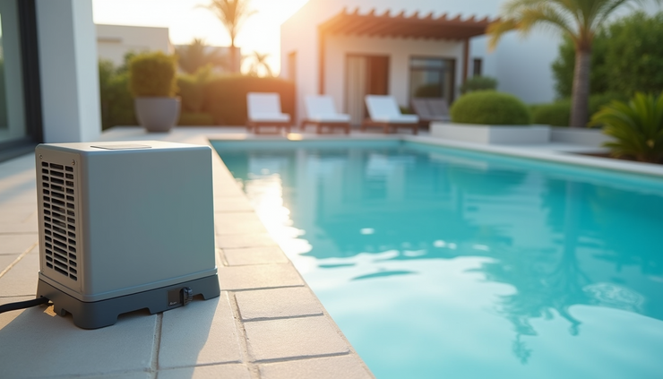 Eye-level view of an electric swimming pool heater installed beside a villa pool in Dubai