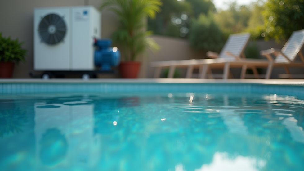 Close-up view of a pool chiller unit installed beside a pool pump