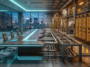 A corporate boardroom table seamlessly transitioning into a heavy industrial factory floor with piping and server racks, illustrating the IT/OT cultural divide.