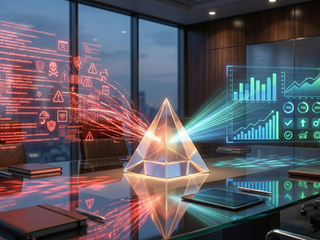 A photorealistic executive boardroom where a glowing glass prism on a table translates chaotic red cybersecurity data and warning signs into a structured, blue and green financial dashboard, symbolizing cyber risk quantification and IT/OT governance.