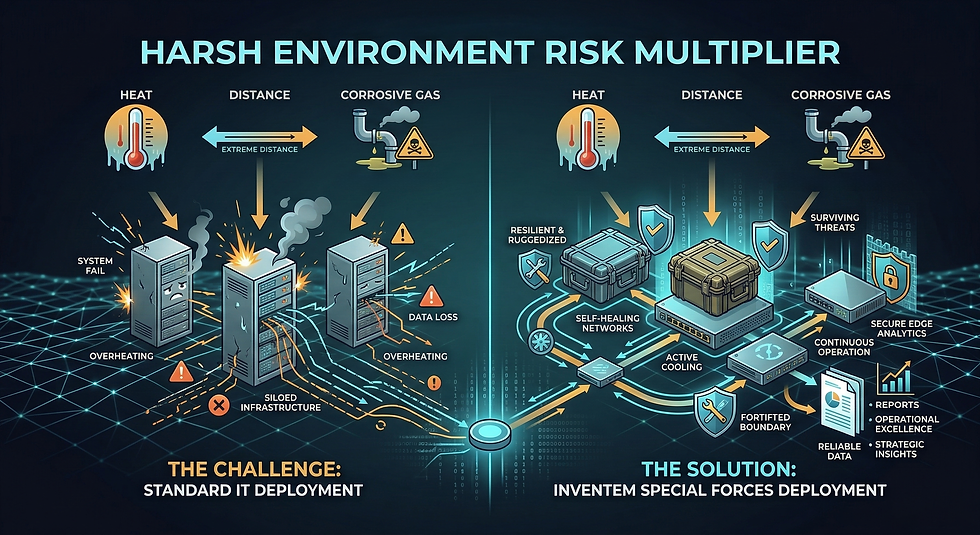 Diagram illustrating the harsh environment risk multiplier, comparing failing standard IT deployments against resilient Inventem special forces deployments.