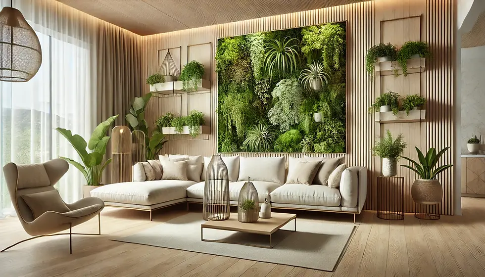 Uma sala de estar moderna com design minimalista, destacada por um jardim vertical exuberante como ponto focal. O ambiente conta com uma paleta de tons naturais, madeira clara no piso e painéis, móveis confortáveis em bege, e várias plantas em vasos que complementam a parede verde. Iluminação suave e cortinas translúcidas criam uma atmosfera acolhedora e relaxante.