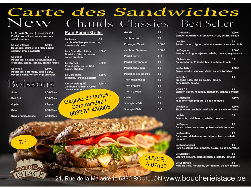 La carte des sandwiches
