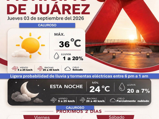 Juárez tendrá jueves caluroso con máxima de 36 grados; prevén lluvias por la tarde-noche