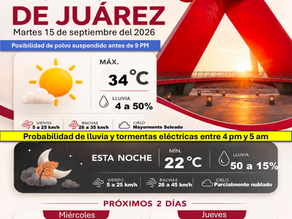 Juárez espera martes caluroso con posibilidad de lluvias y tormentas eléctricas