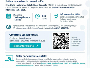 INEGI presentará resultados de la Encuesta Intercensal 2025 en Ciudad Juárez