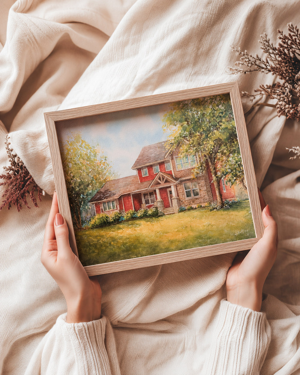 Clients holding their gift-boxed watercolor house portrait from their realtor