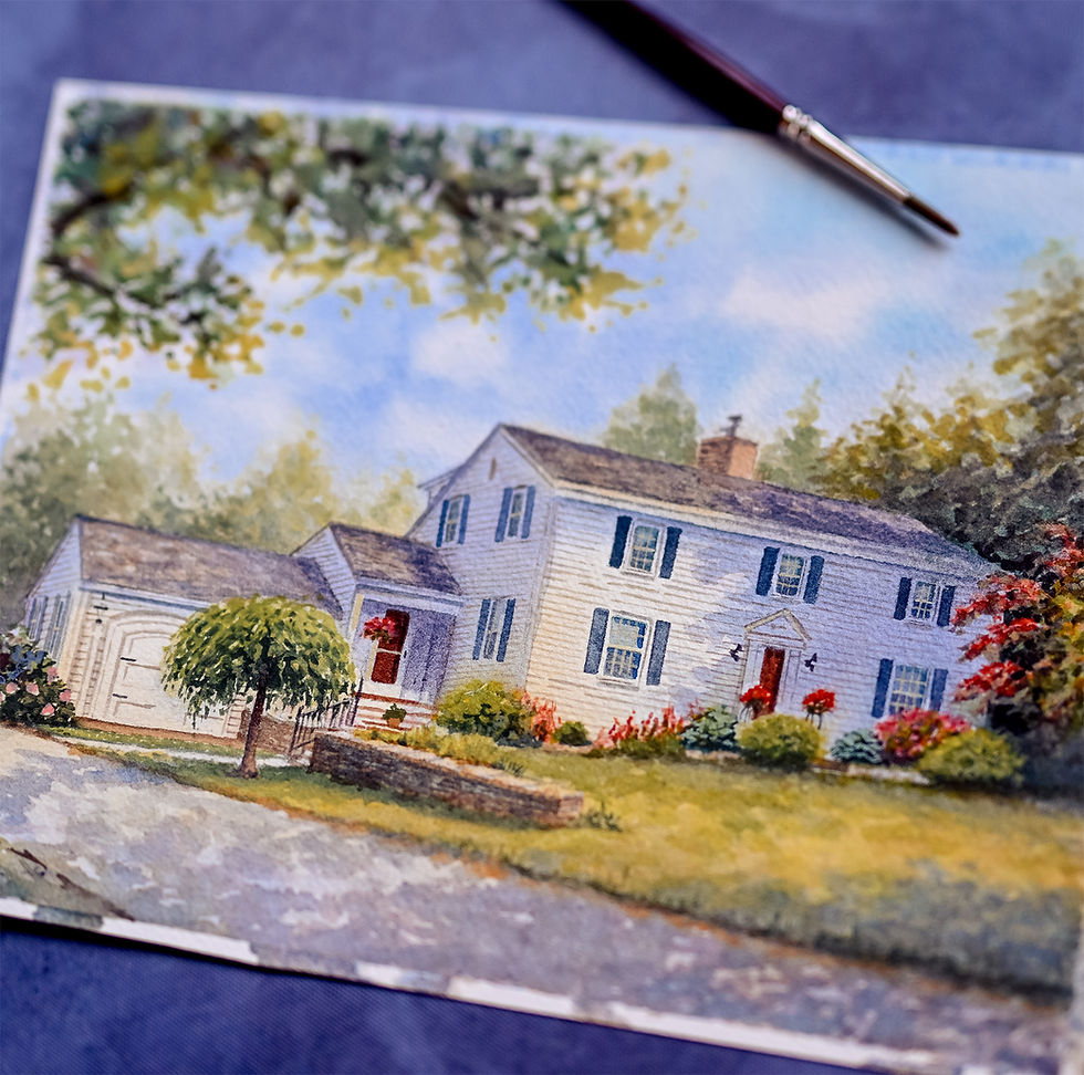 Watercolor portrait of a white house with blue shutters and a front garden.