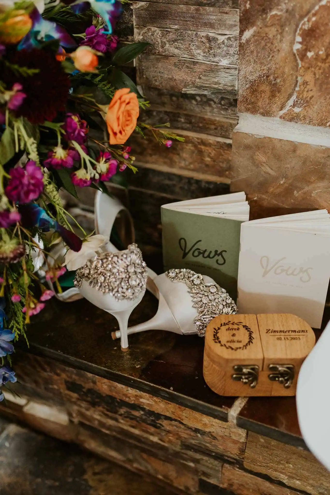 wedding details on fireplace