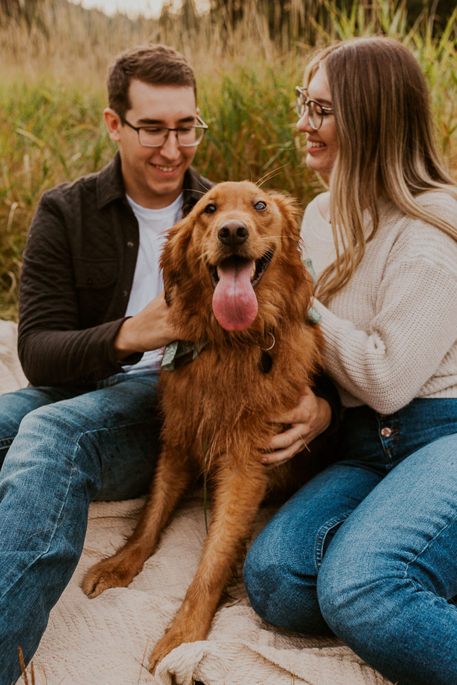 camping themed engagement photos with a dog