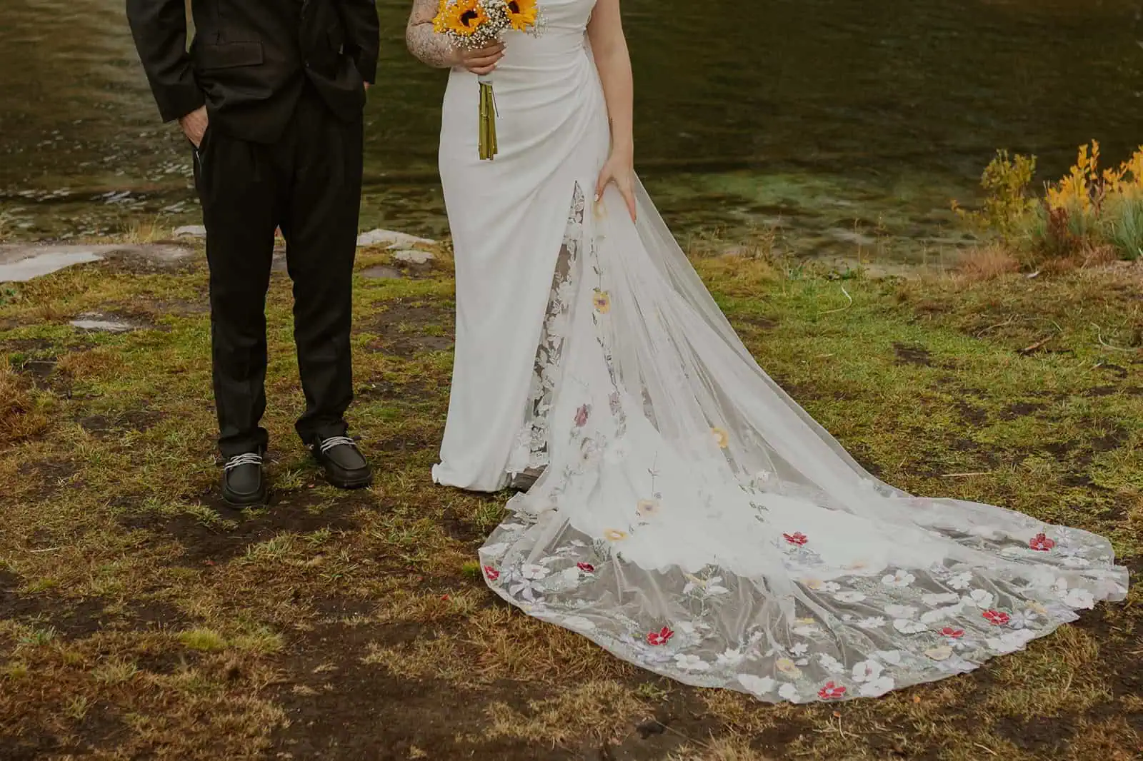 bride's veil with colorful floral detail