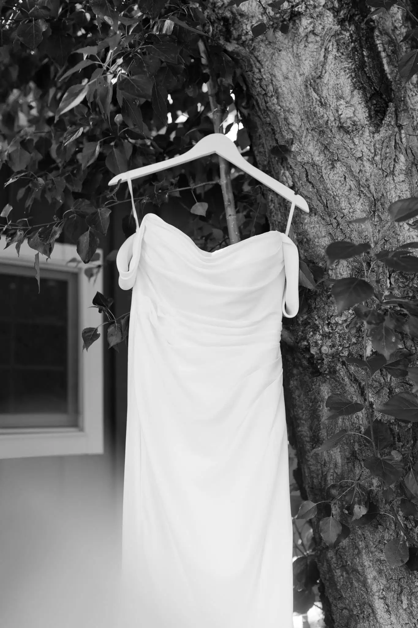 black and white photo of a wedding dress hanging on a tree
