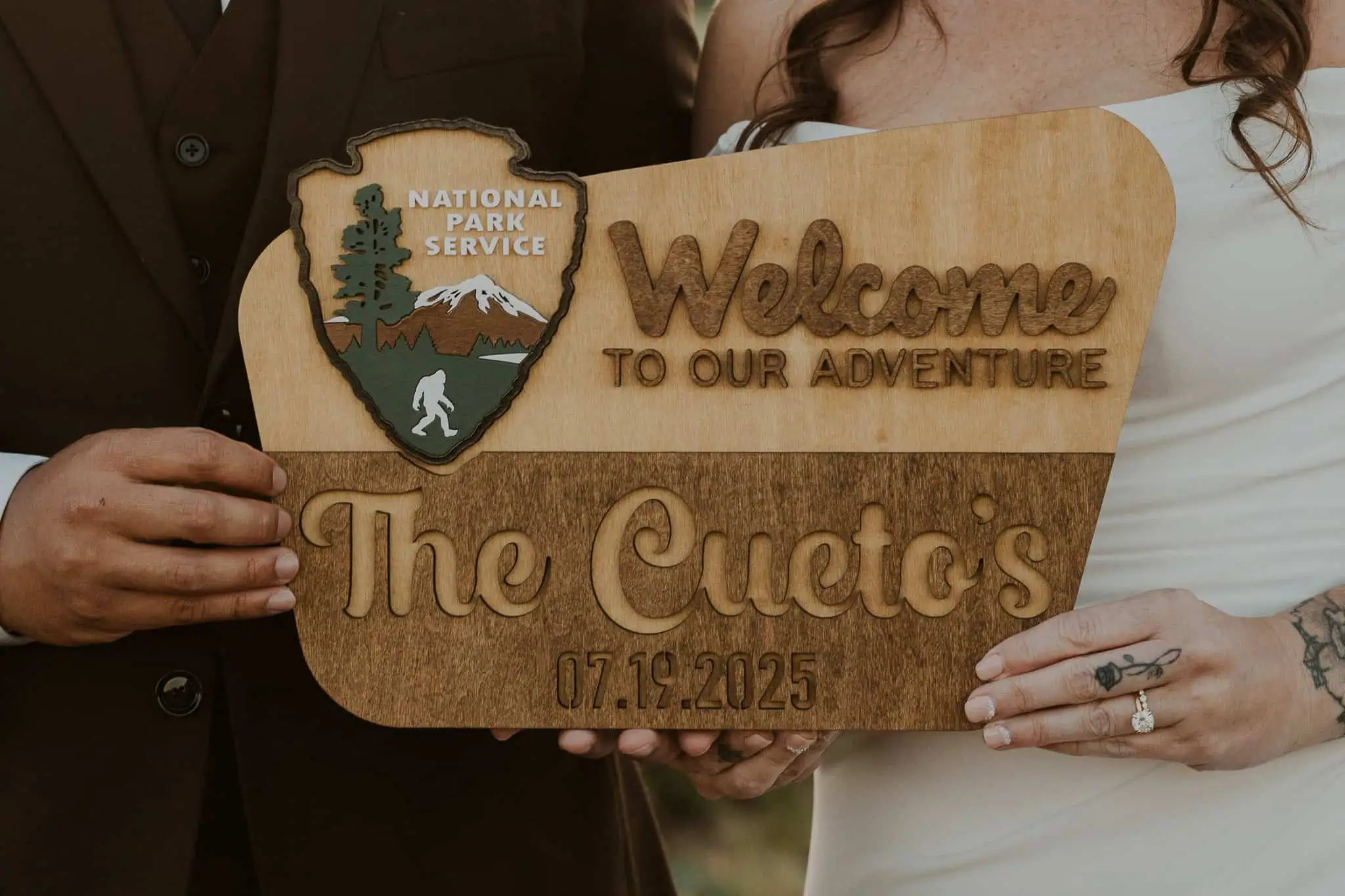 a custom wooden national park sign for a wedding