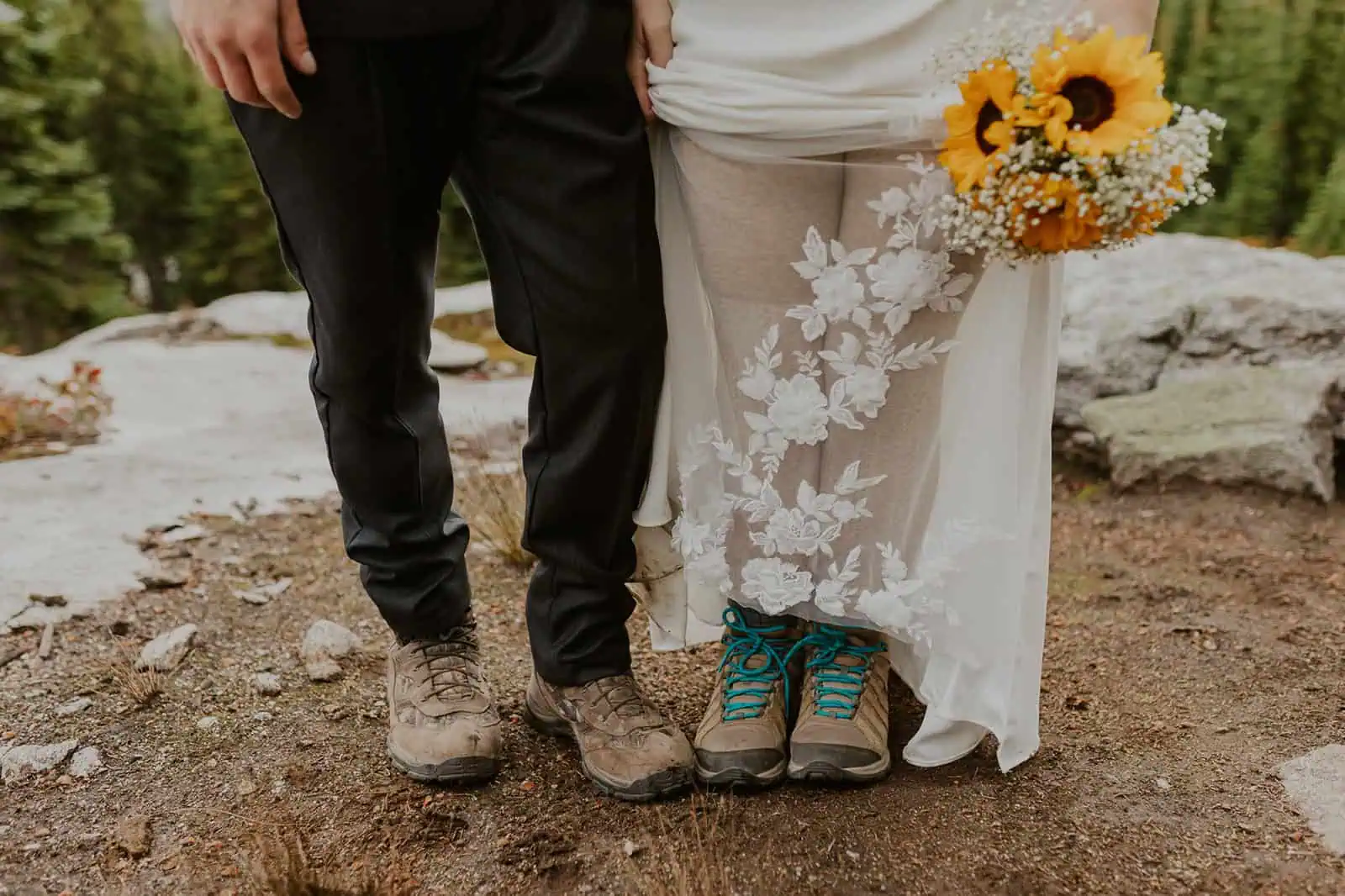 wedding dress and hiking boots