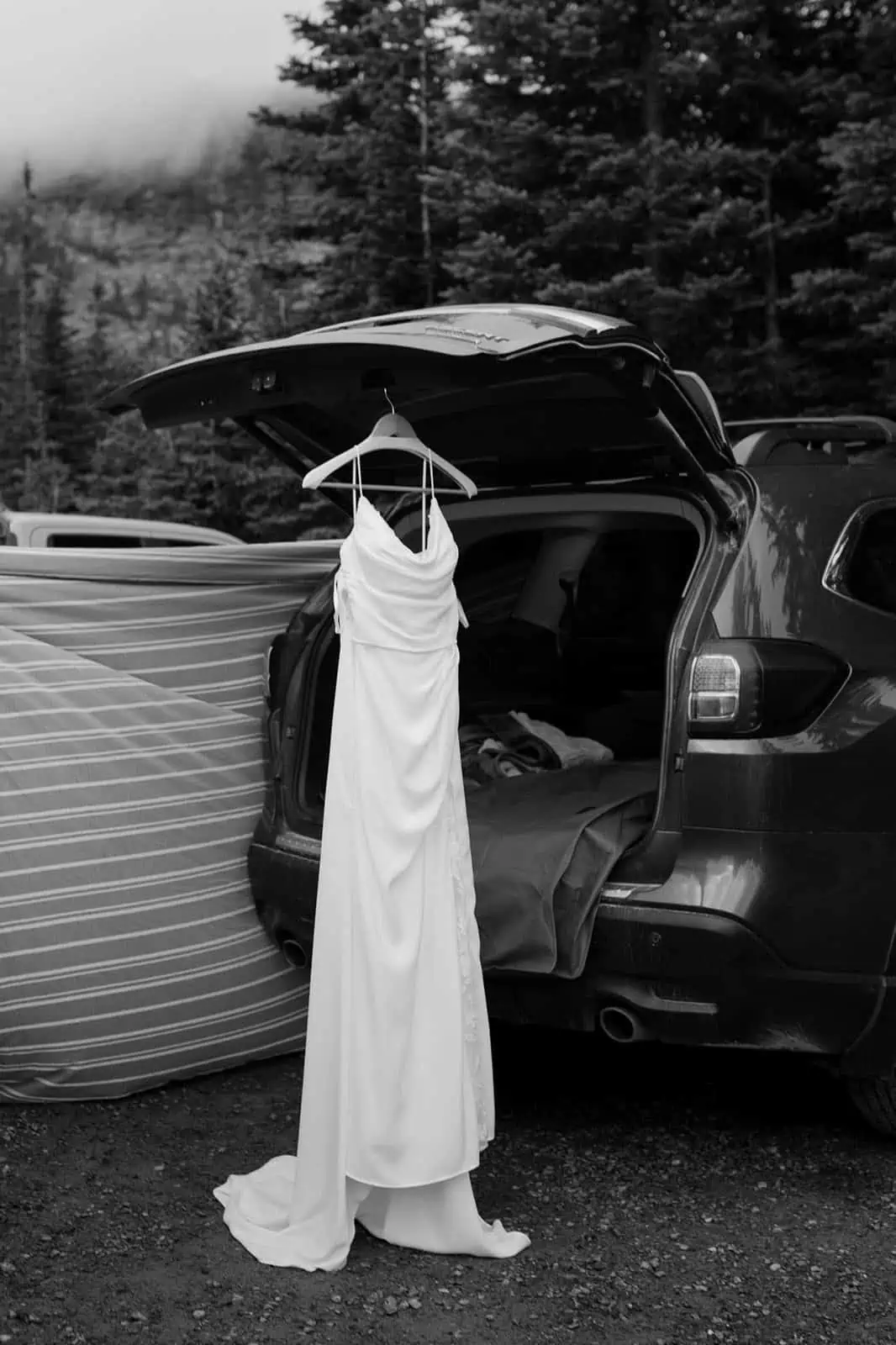 wedding dress hanging from car trunk