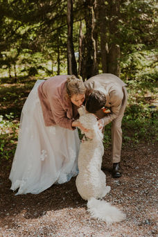 a couple kissing their white dog