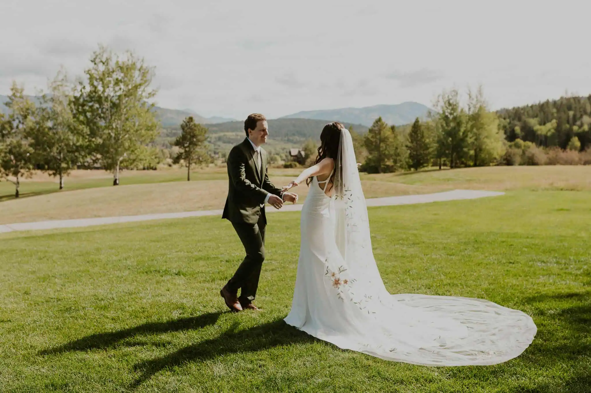 bride's first look in a backyard