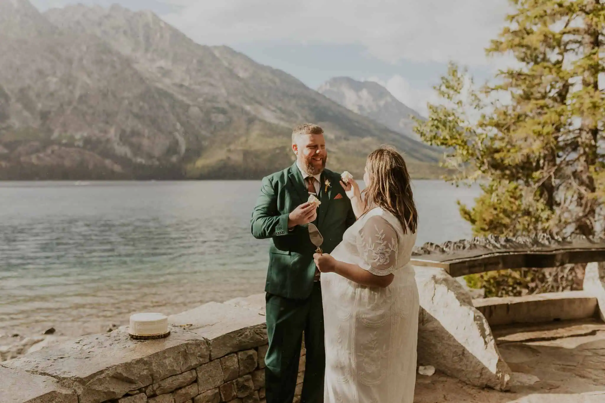 sunset elopement cake cutting at jenny lake