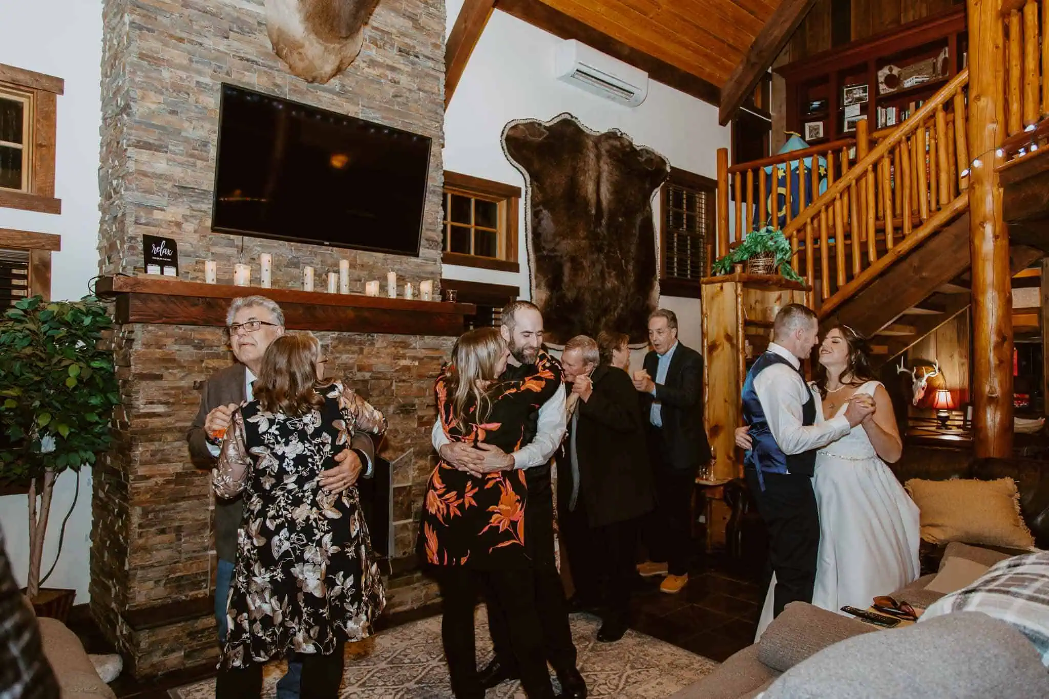 elopement reception at cabin with dancing
