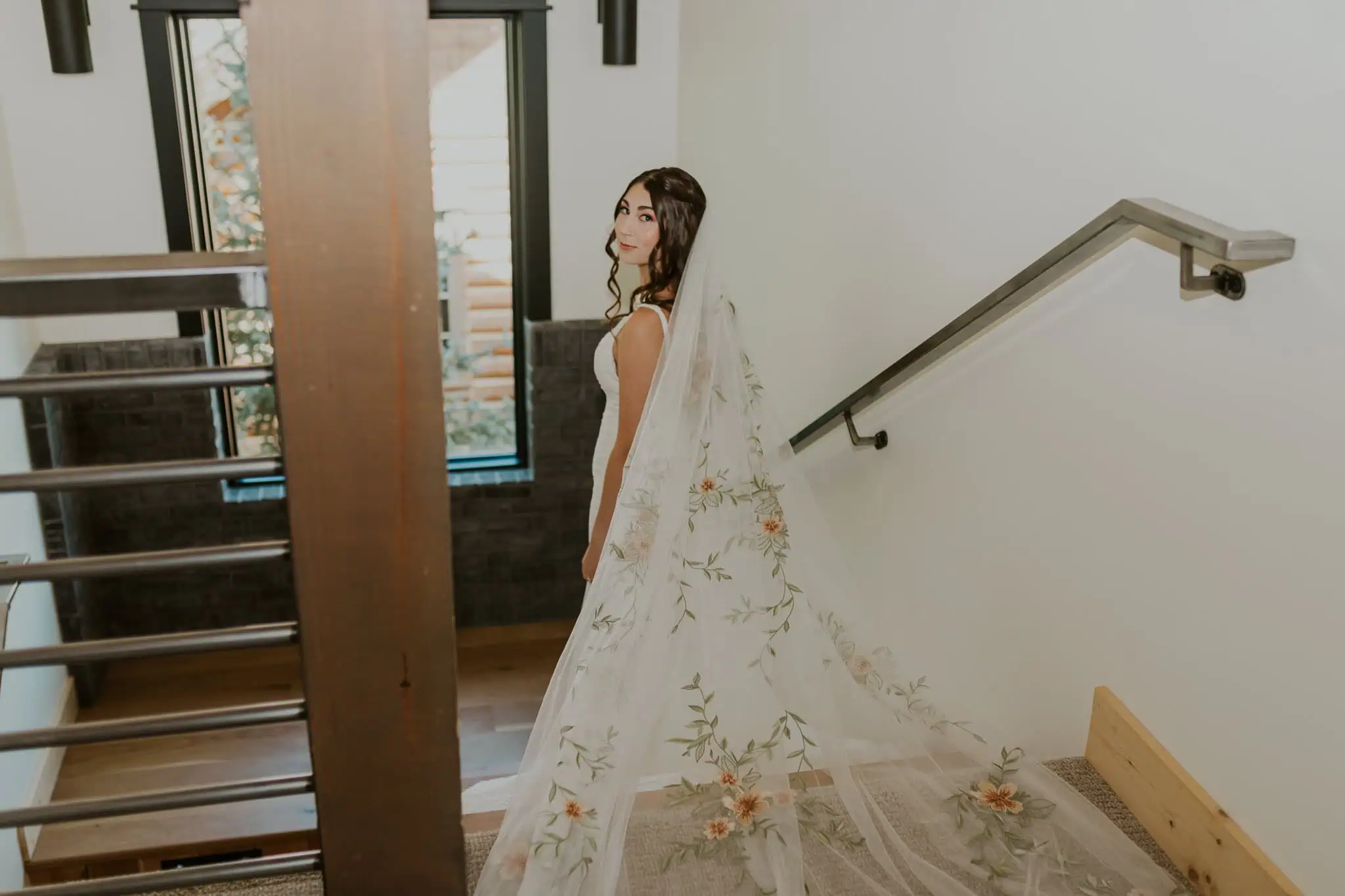 flash photos of bride in stairway